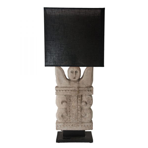 Stone Incan Lamp with Black Oblong Shade