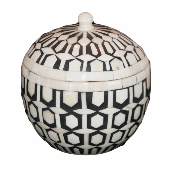 Large Round Black and White Bone Box with Lid
