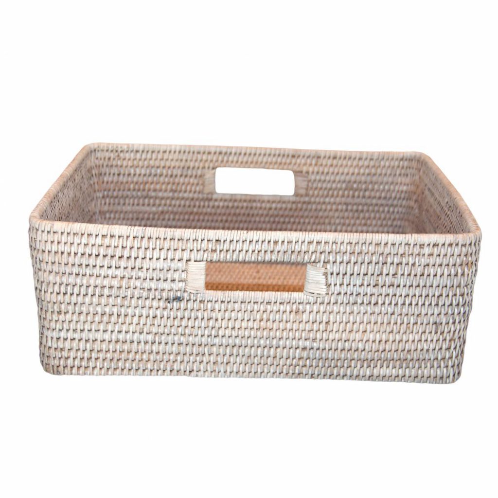 White Handwoven Rattan Rectangular Basket with Handles Baker Rhodes