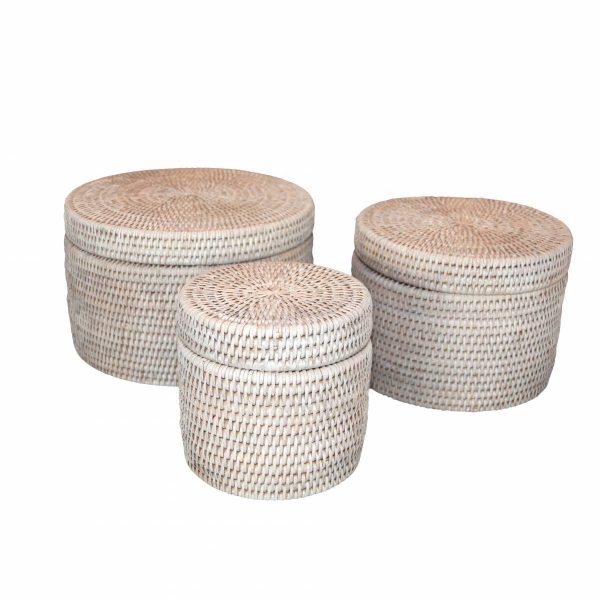 Set of Three White Handwoven Rattan Round Boxes with Lids