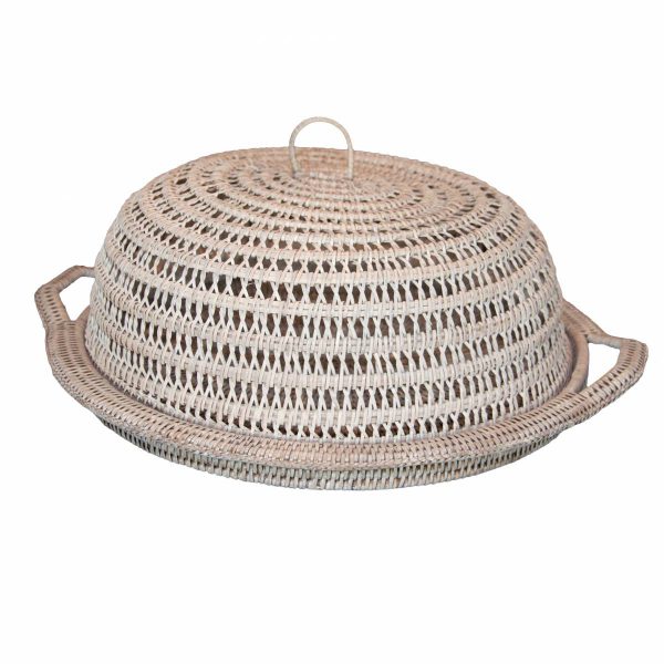 White Handwoven Rattan Round Tray with Cover