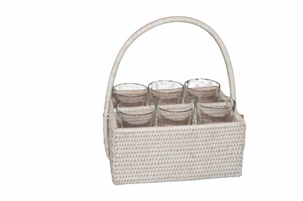 White Handwoven Rattan Basket with Six Glasses