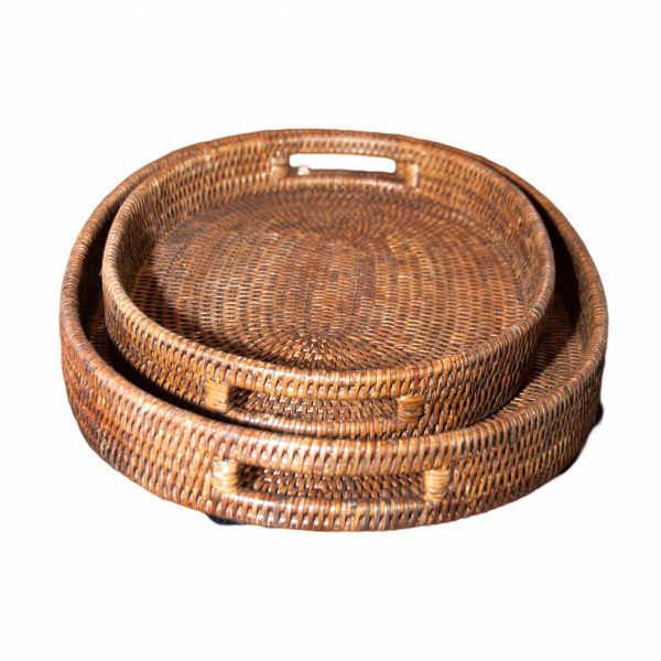 Set of Two Natural Handwoven Rattan Oval Trays